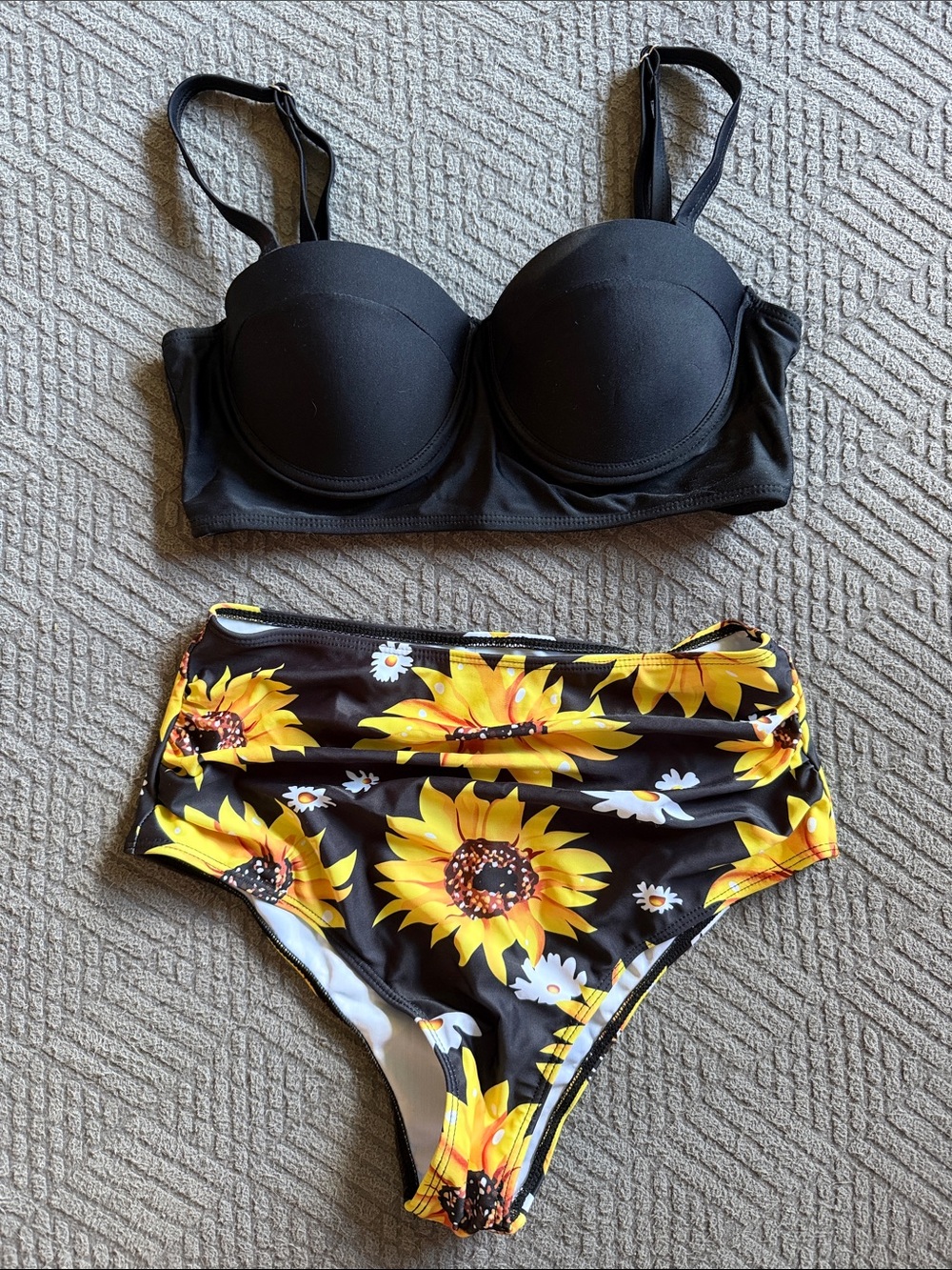 Black Bikini Top with Sunflower High-Waist Bottoms